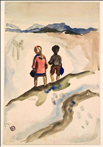 „Kinder alleine”, Samuel Bak, 1946, Gouachefarben auf Papier 